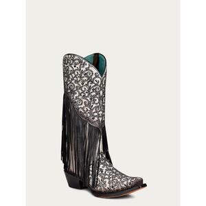 Corral Women’s OVERLAY BLACK EMBROIDERY LAMB FRINGE WHITE SNIP TOE COWBOY BOOT